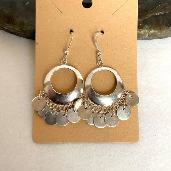 Sterling Silver 925 Round Open Hoop Disc Charm Cha-Cha Dangle Earrings - Picture 1 of 16